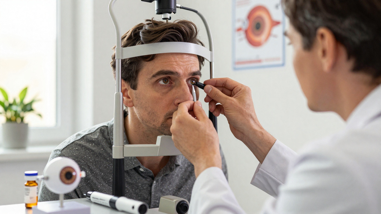 Optometrist examining a male patient's eye using a slit lamp in a medical office.