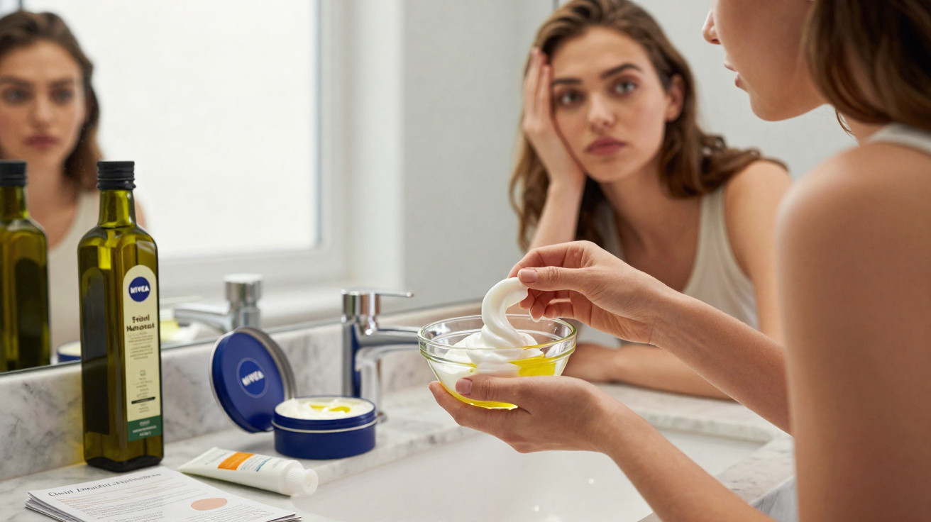 Woman in bathroom mixing cream and oil in a glass bowl, with skincare products on the sink counter.
