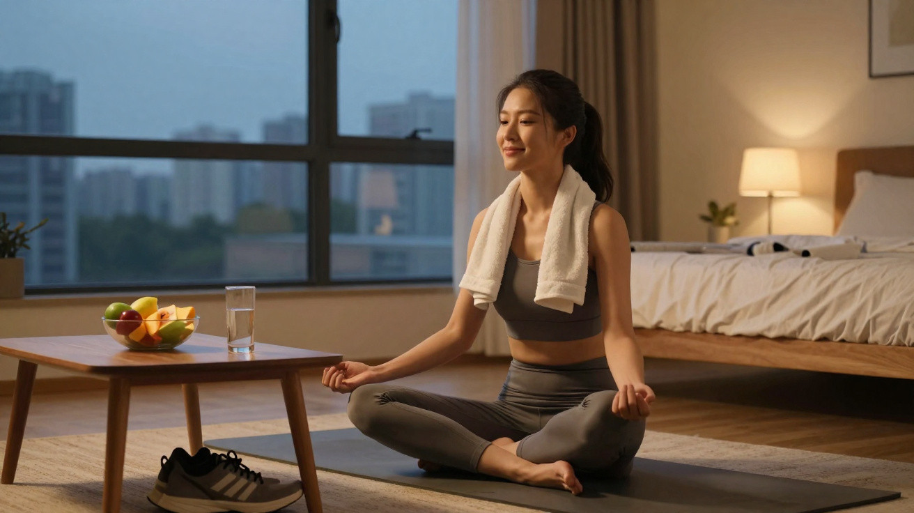 Woman meditating on a yoga mat in a bedroom with a towel around her neck and a city view through the window.