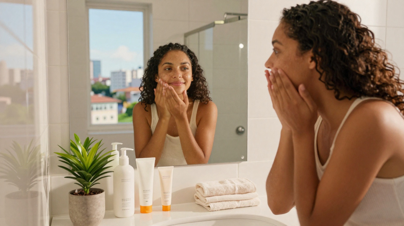 Woman applying skincare on her face in front of a bathroom mirror with skincare products and a plant on the counter.