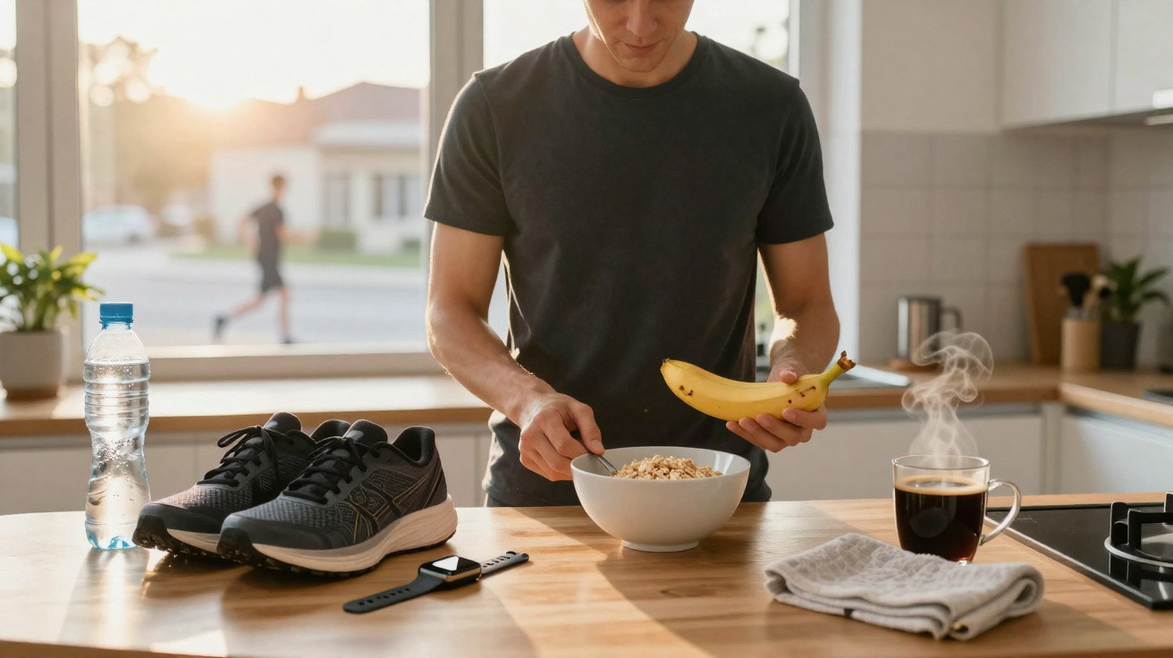 Man preparing breakfast with a banana and cereal in a kitchen, with running shoes, watch, and coffee on the table.