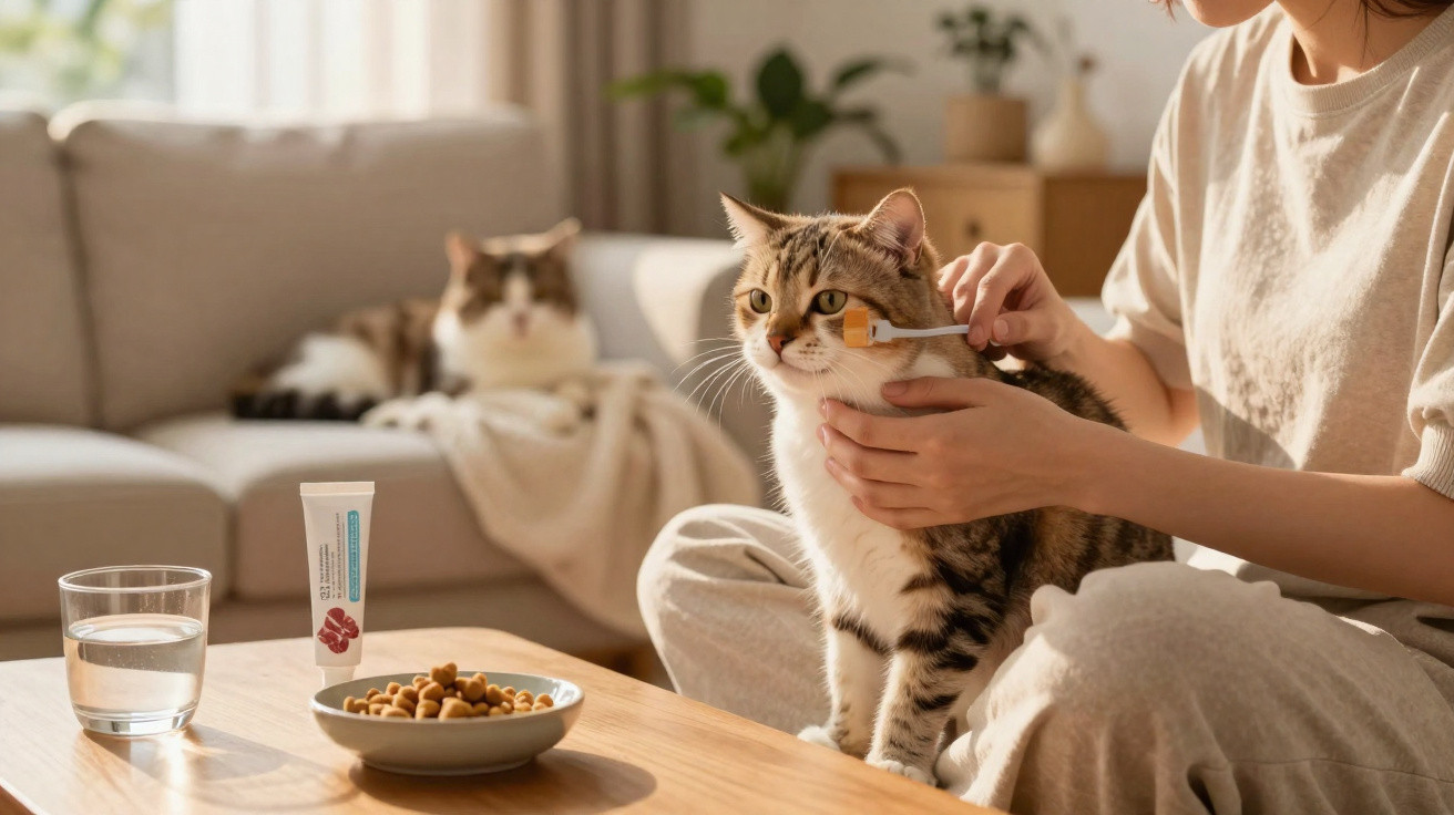 Person applying cream to a tabby cat’s face while another cat rests on a sofa in a sunlit living room.