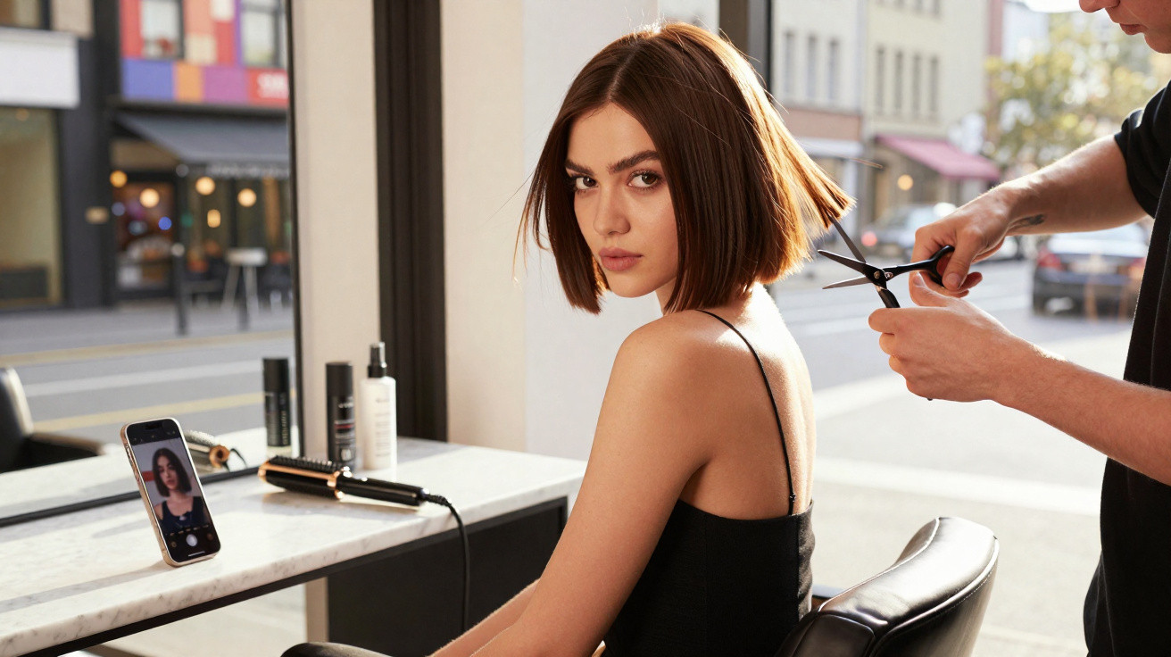 Woman with a bob haircut sitting in a salon chair getting a trim from a hairdresser with scissors.