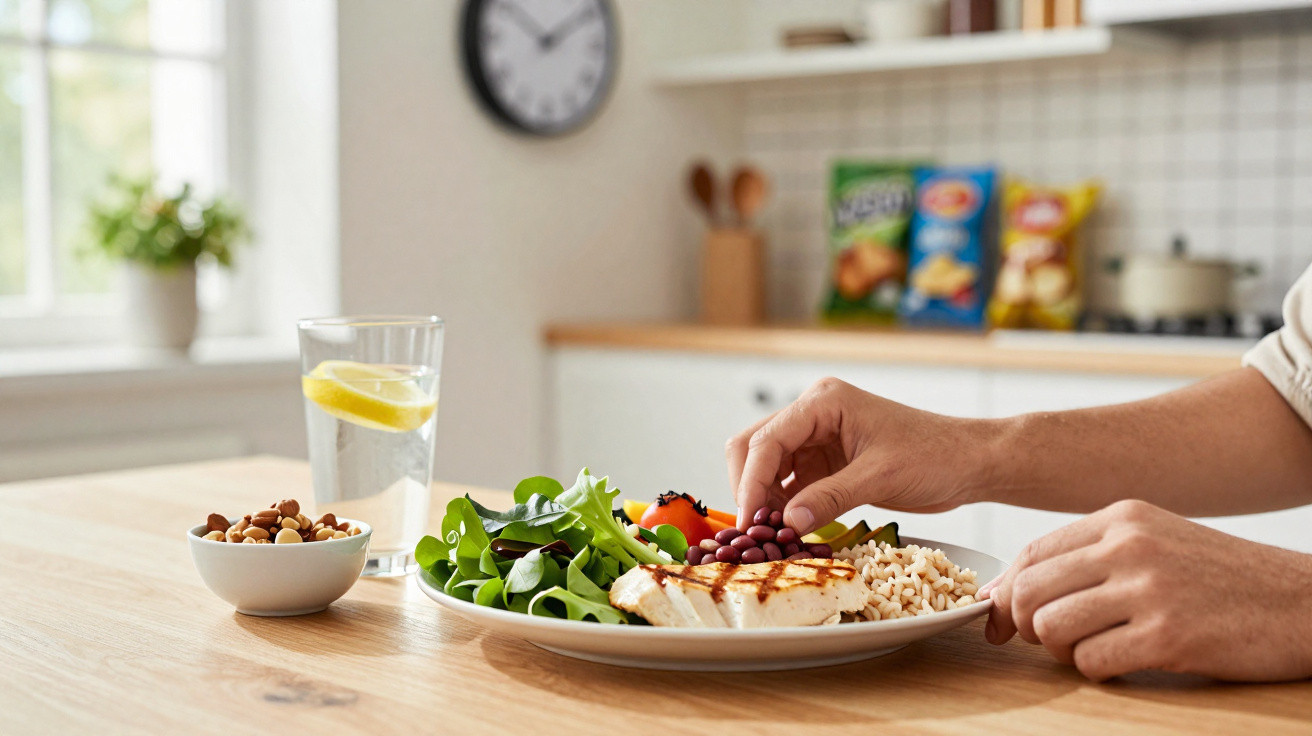 Person adding kidney beans to a healthy plate of salad, rice, grilled chicken, with nuts and lemon water on the table.