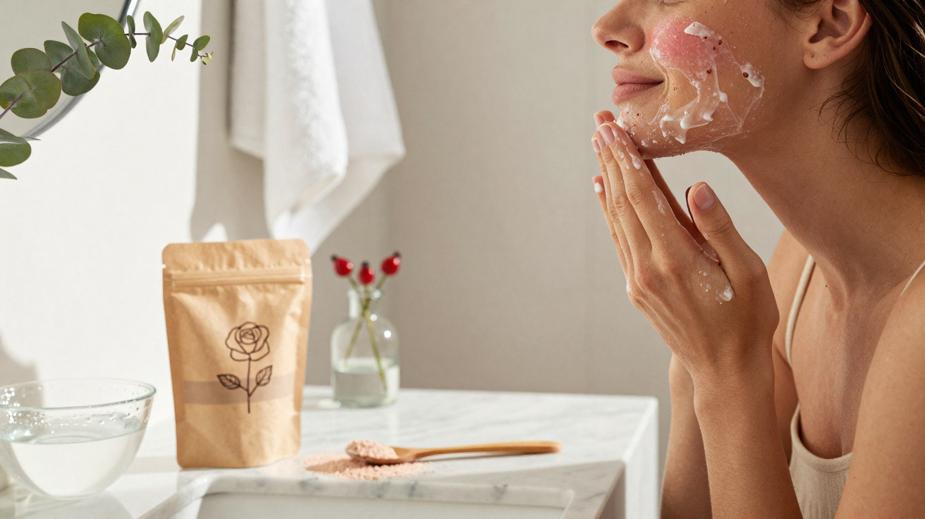 Woman applying a pink facial mask in a bright bathroom with skincare products on the sink counter.