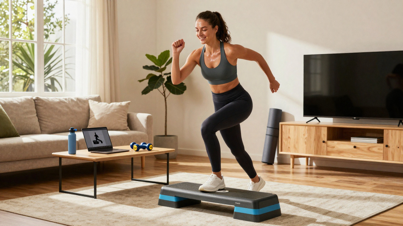 Woman exercising with a step platform in a bright living room, following a workout video on a laptop.