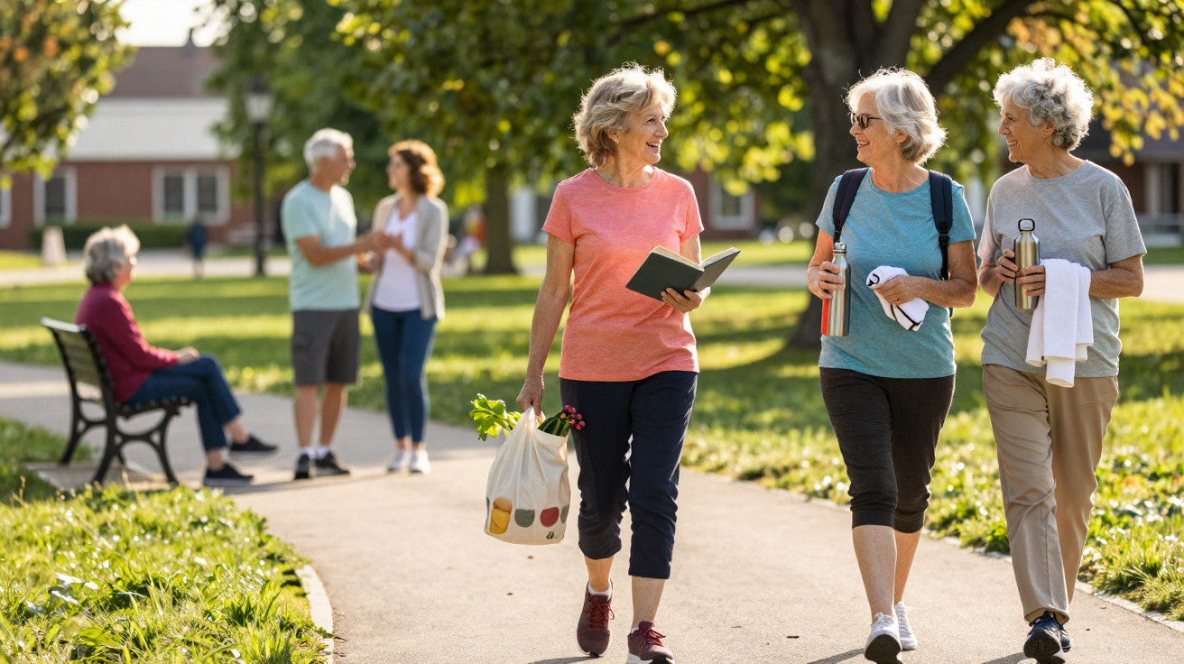 Three elderly women walking and chatting in a sunny park with two people talking on a bench in the background.