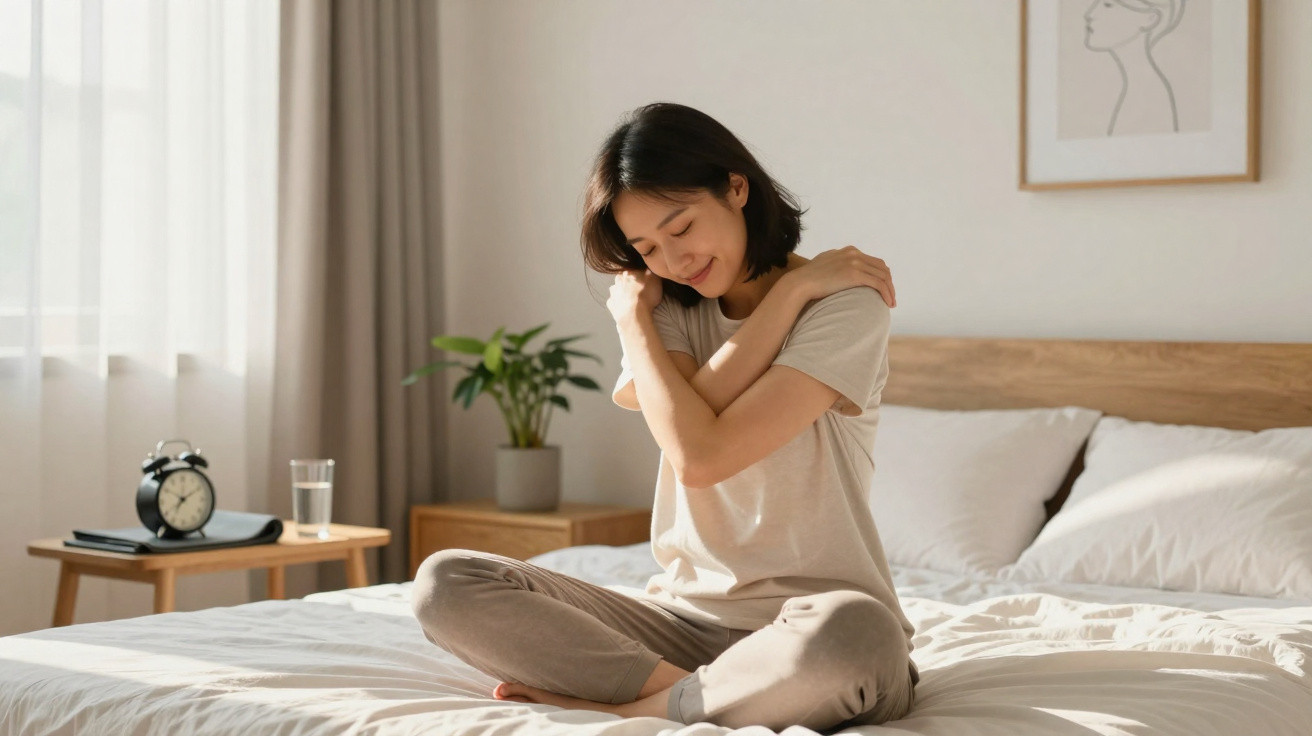Woman sitting cross-legged on bed hugging herself in a bright, cosy bedroom with a plant and alarm clock nearby.