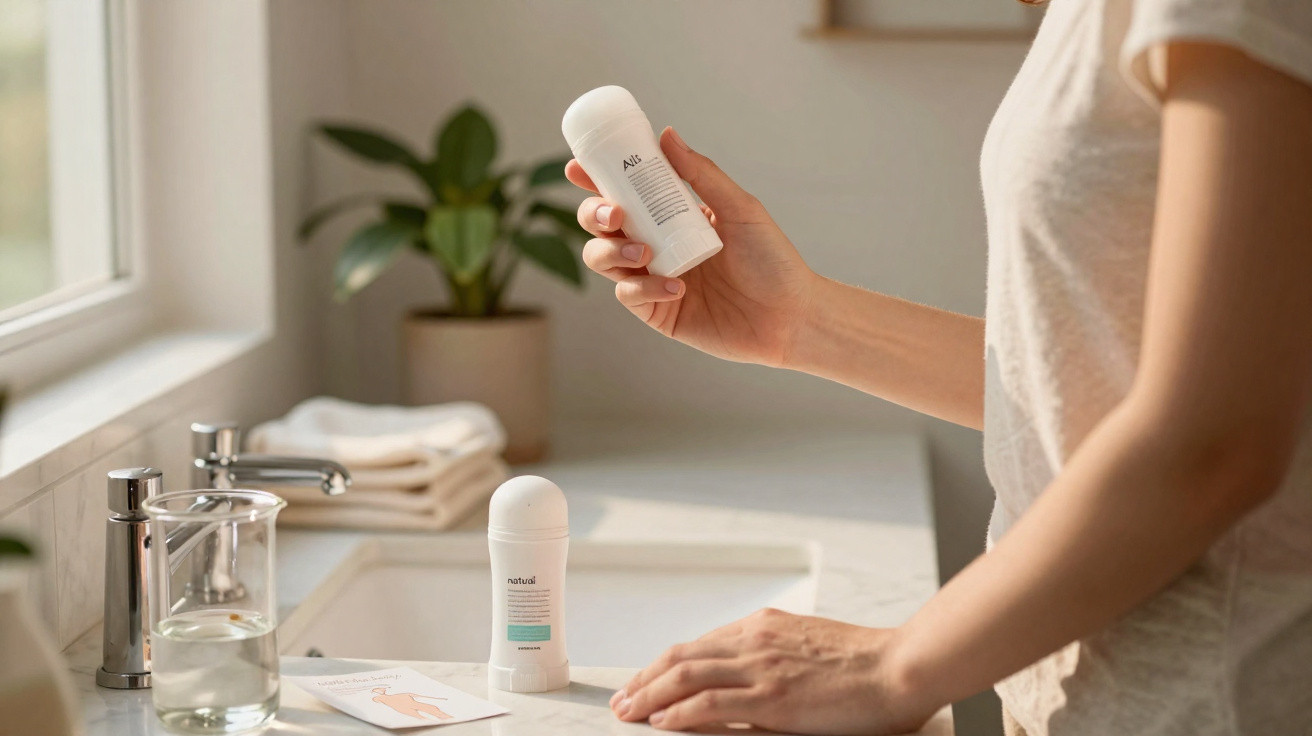 Person holding a white natural deodorant stick in a bathroom with another stick and glass of water on the sink.