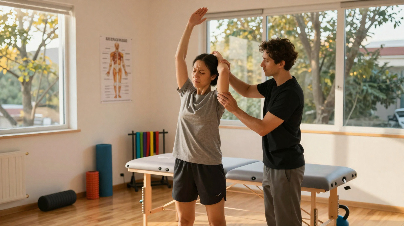 Physical therapist assisting woman with arm stretch in bright therapy room with treatment table.