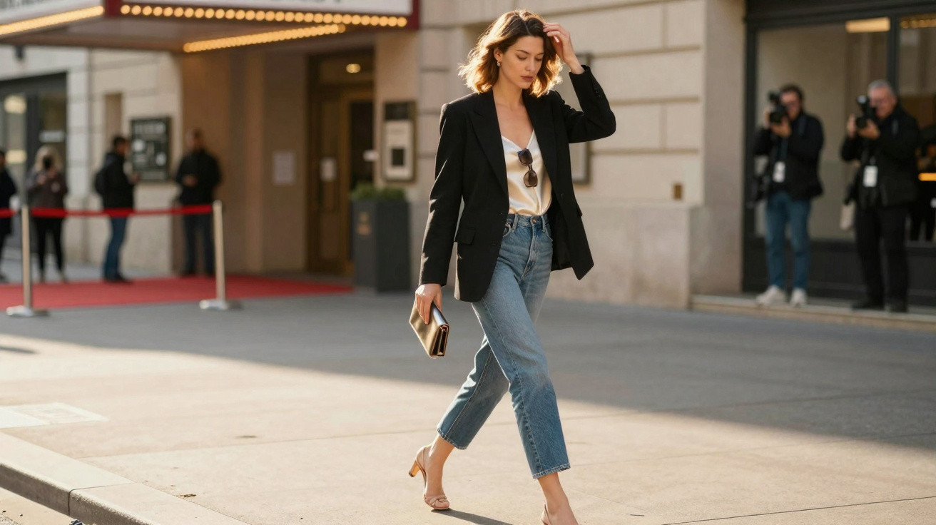Woman in black blazer, white top, and jeans walking on city street holding a clutch bag at sunset.