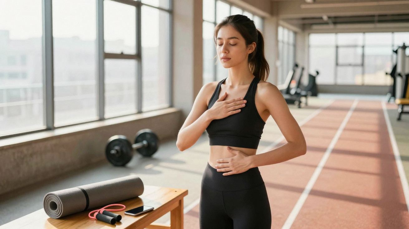 Woman in sportswear practising deep breathing in a bright gym next to exercise equipment and a running track.