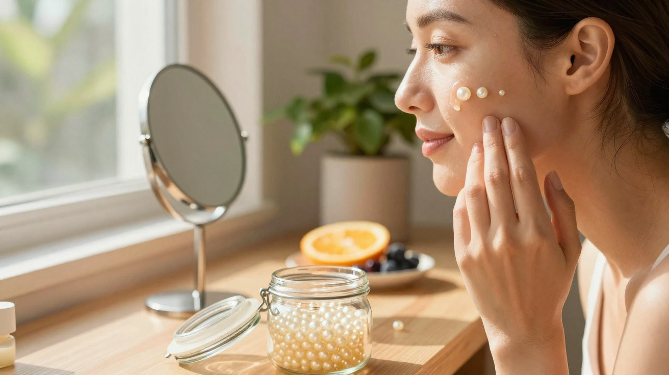 Woman applying skincare cream with pearls on her cheek beside a mirror and fruit on a wooden table.