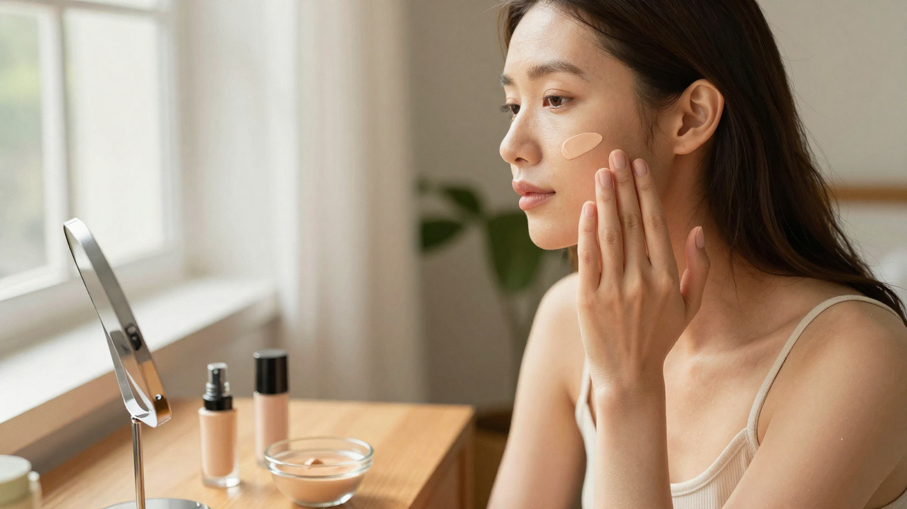Woman applying foundation to her cheek while looking in a mirror on a wooden table by the window.