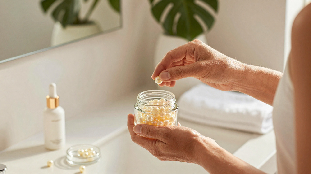 Person holding a glass jar of white beauty capsules in a bathroom with skincare bottles and towels visible