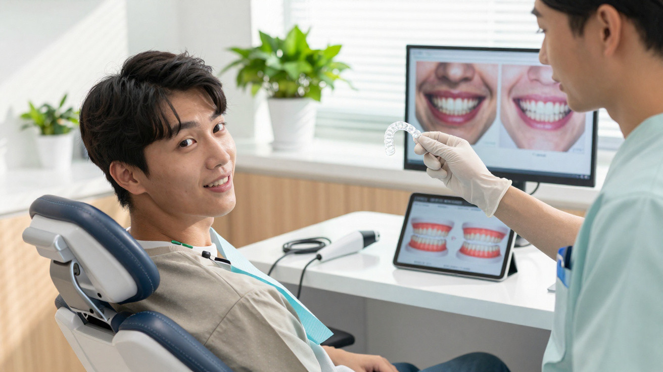 Dentist showing a clear dental aligner to a patient sitting in a dental chair smiling.