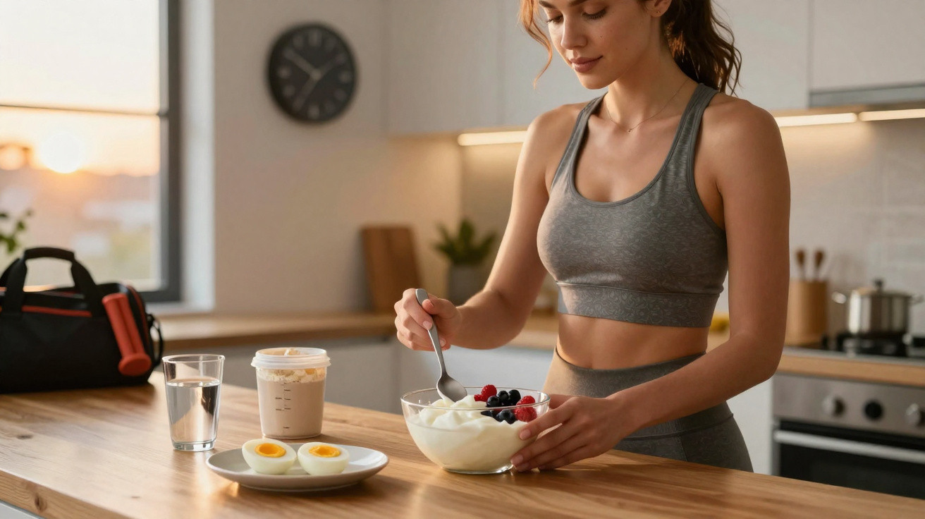 Woman in sportswear eating yogurt with berries at kitchen counter, next to boiled eggs, coffee, and a glass of water.