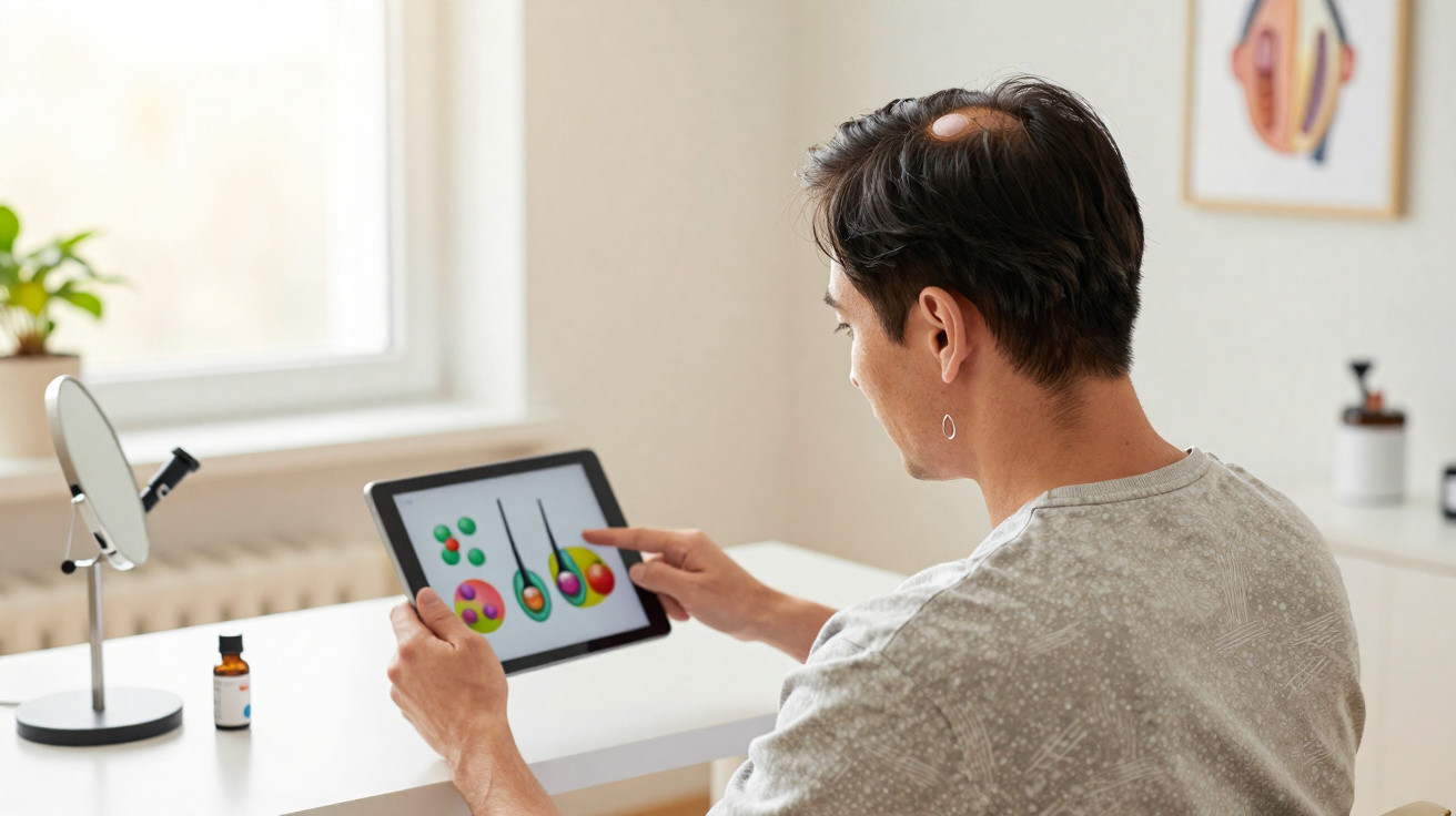 Man with thinning hair studying hair follicle diagrams on a tablet at a desk by a window.