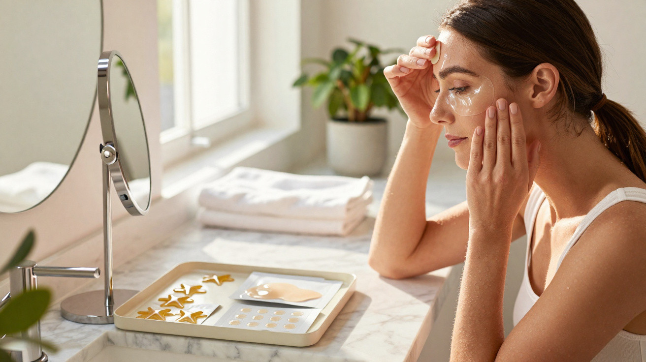 Woman applying under-eye cream in natural light at a bathroom counter with skincare products nearby