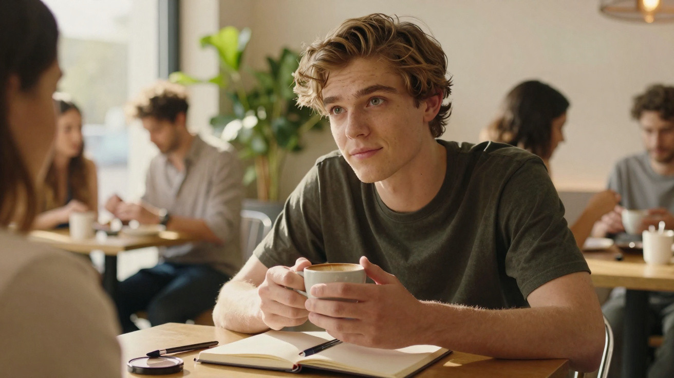 Young man holding a cup of coffee and looking attentively at a woman across the table in a café.