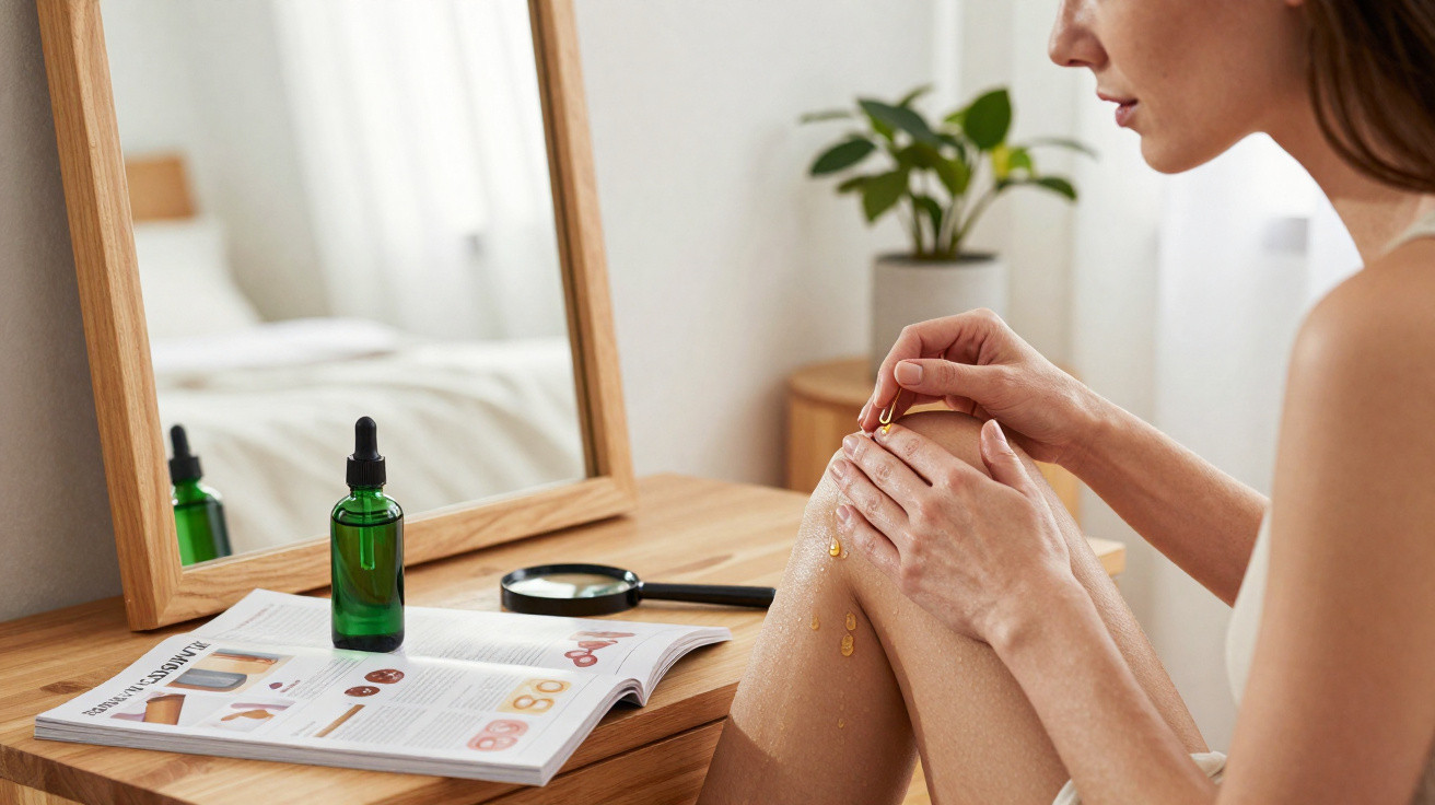 Woman applying skincare oil to her legs while sitting by a wooden dresser with a mirror and skincare magazine.