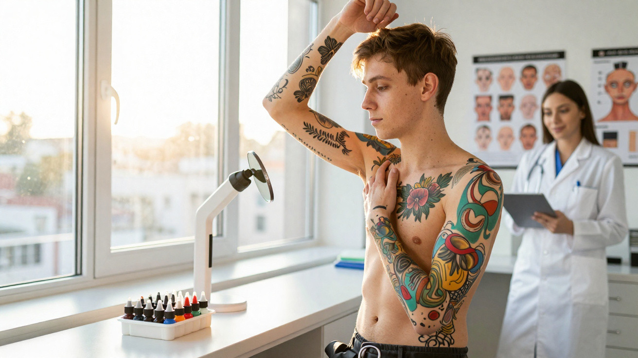 Young man showing his tattoos while doctor observes and takes notes in a bright medical office.