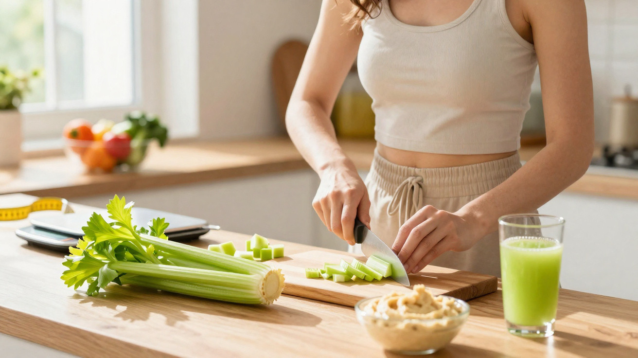 Woman chopping celery on a wooden board in a bright kitchen with a glass of green juice nearby.