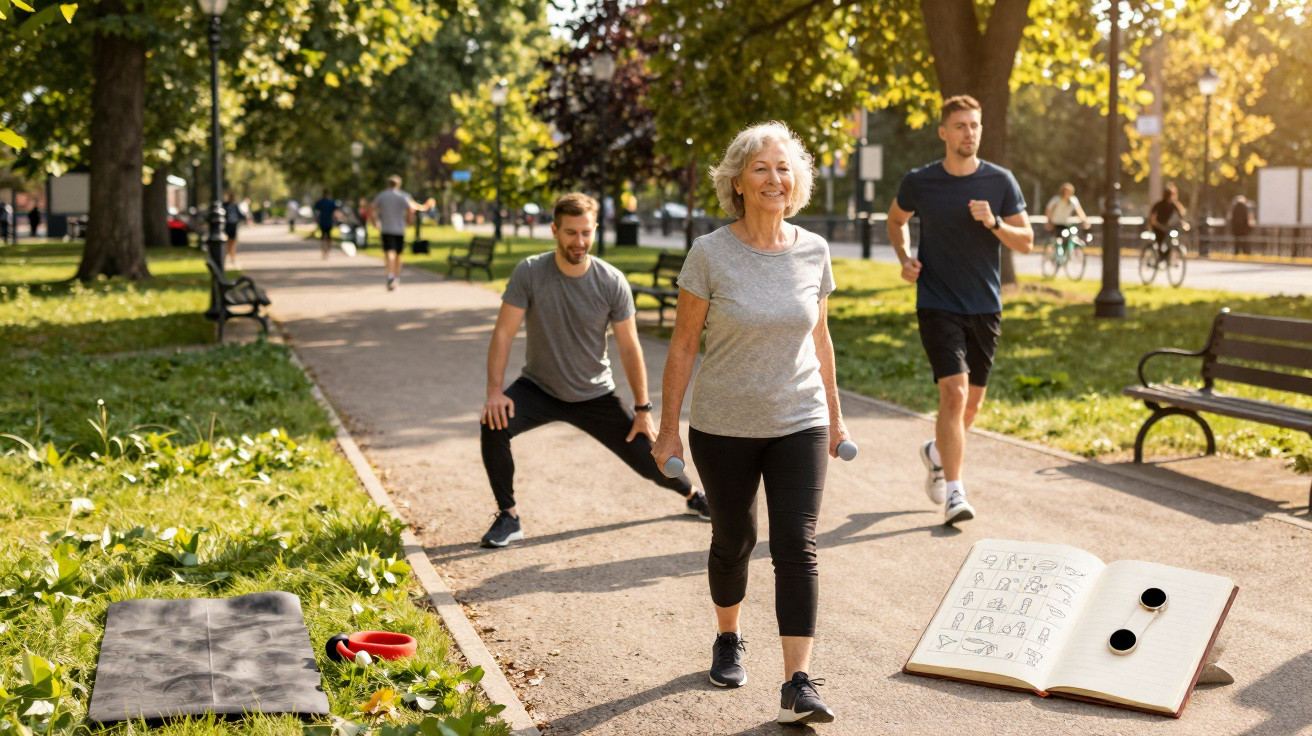 Three adults exercising outdoors in a sunny park on a paved path with trees and benches nearby.