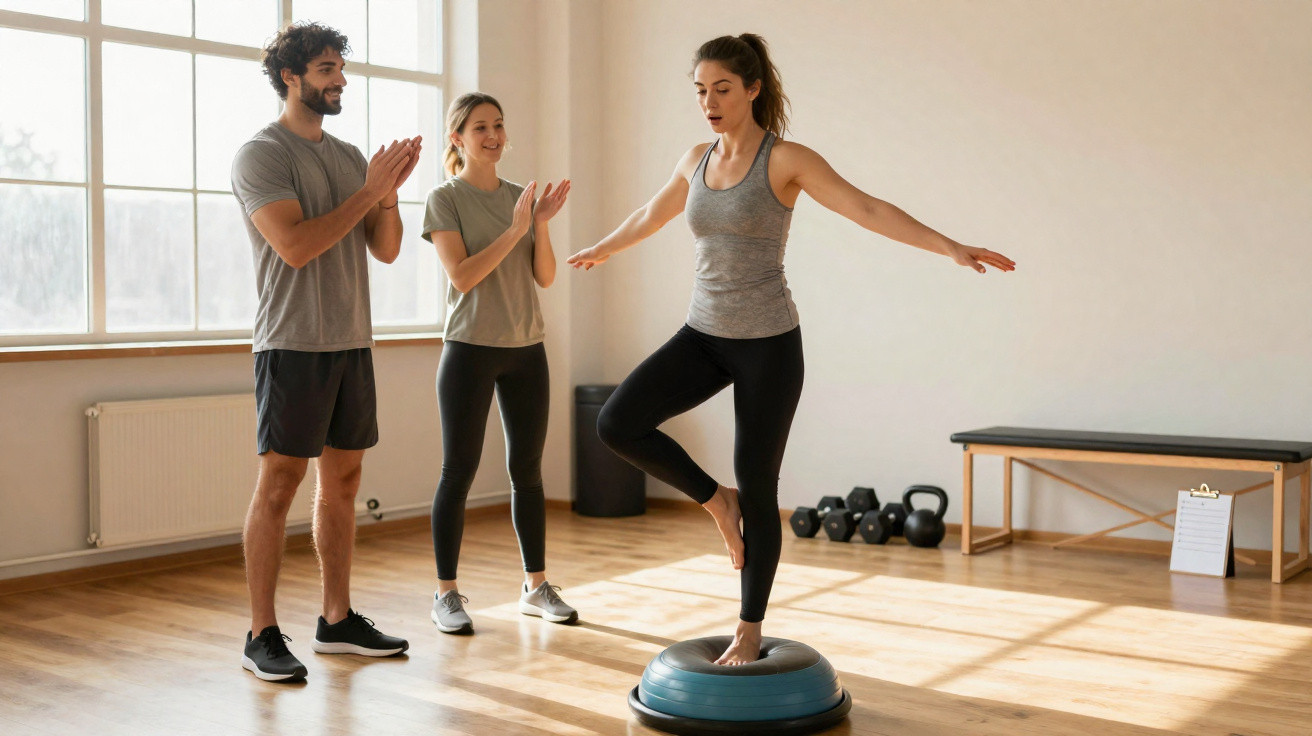 Woman balancing on a bosu ball as two people cheer her on in a bright gym studio.