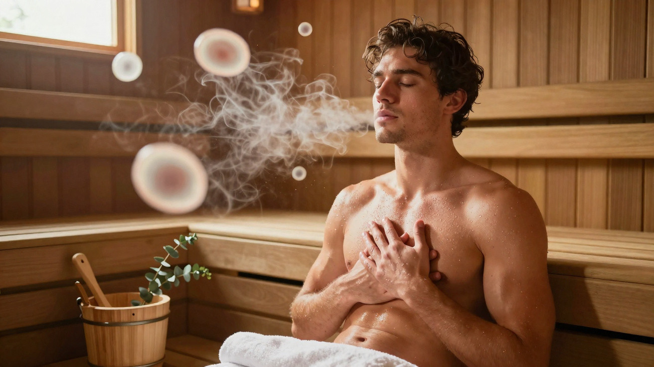 Young man with eyes closed relaxing in a wooden sauna with steam and eucalyptus near a bucket and ladle.