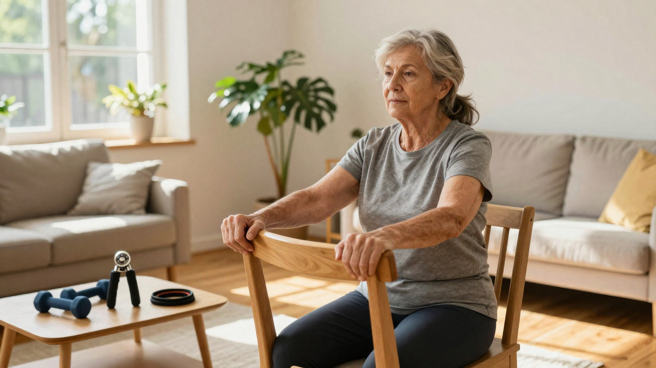 Elderly woman exercising indoors using a chair for support in a bright living room.