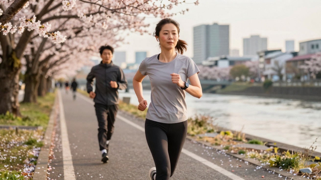A woman jogging along a riverside path lined with cherry blossom trees in an urban setting.
