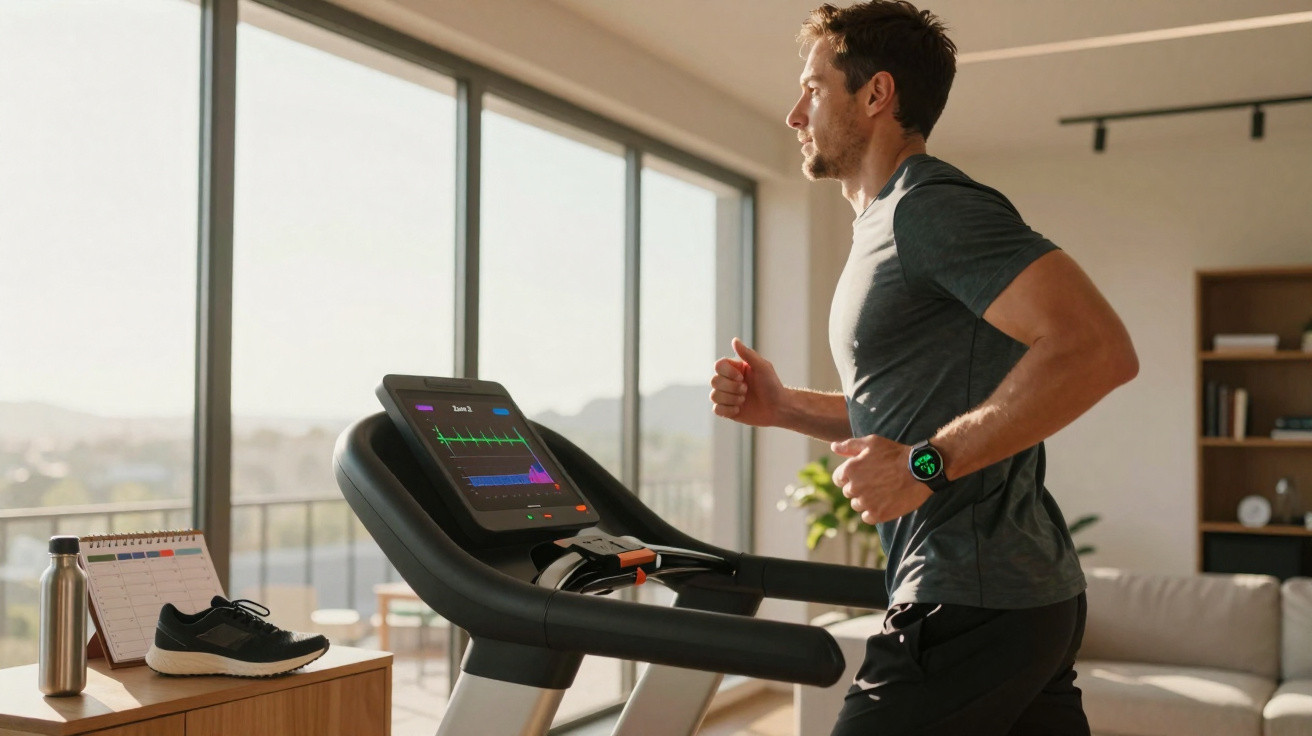 Man running on a treadmill indoors near large windows, with workout gear and a calendar on a side table.