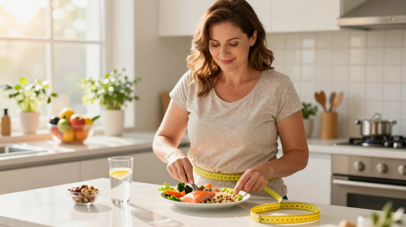 Woman in kitchen measuring waist with tape while eating a healthy meal with salmon and vegetables.