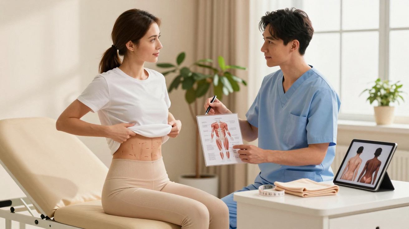 Female patient showing marked abdomen to doctor in scrubs explaining muscle anatomy chart in clinic room.