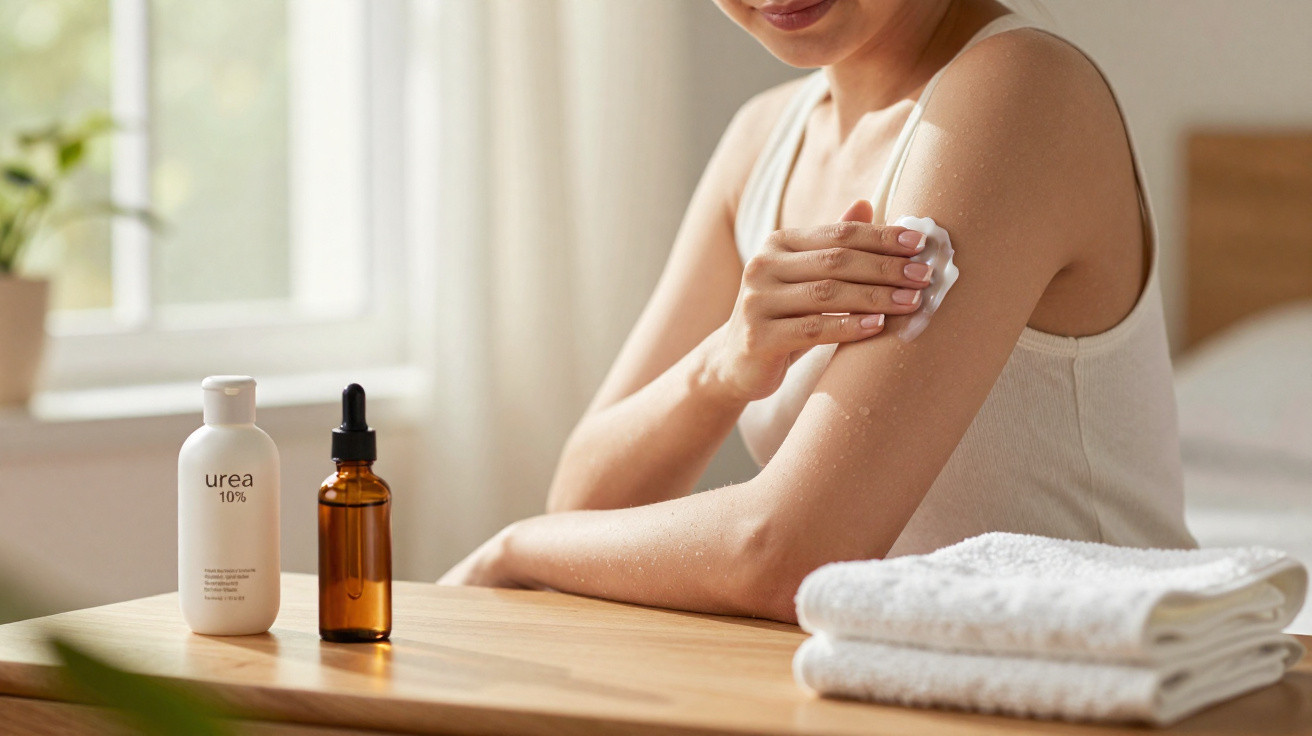 Person applying cream on upper arm with skincare bottles and folded towels on wooden table nearby.