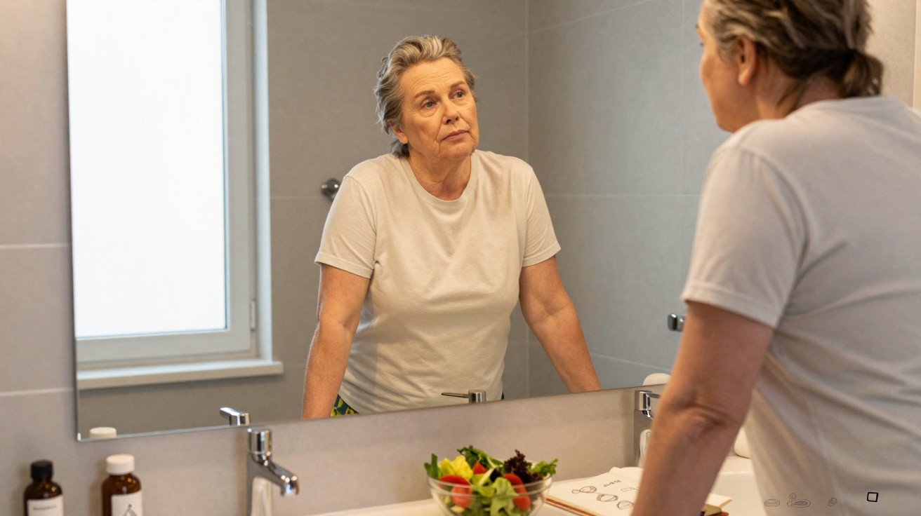 Older woman in a white t-shirt looking thoughtfully at herself in a bathroom mirror with a salad bowl nearby.