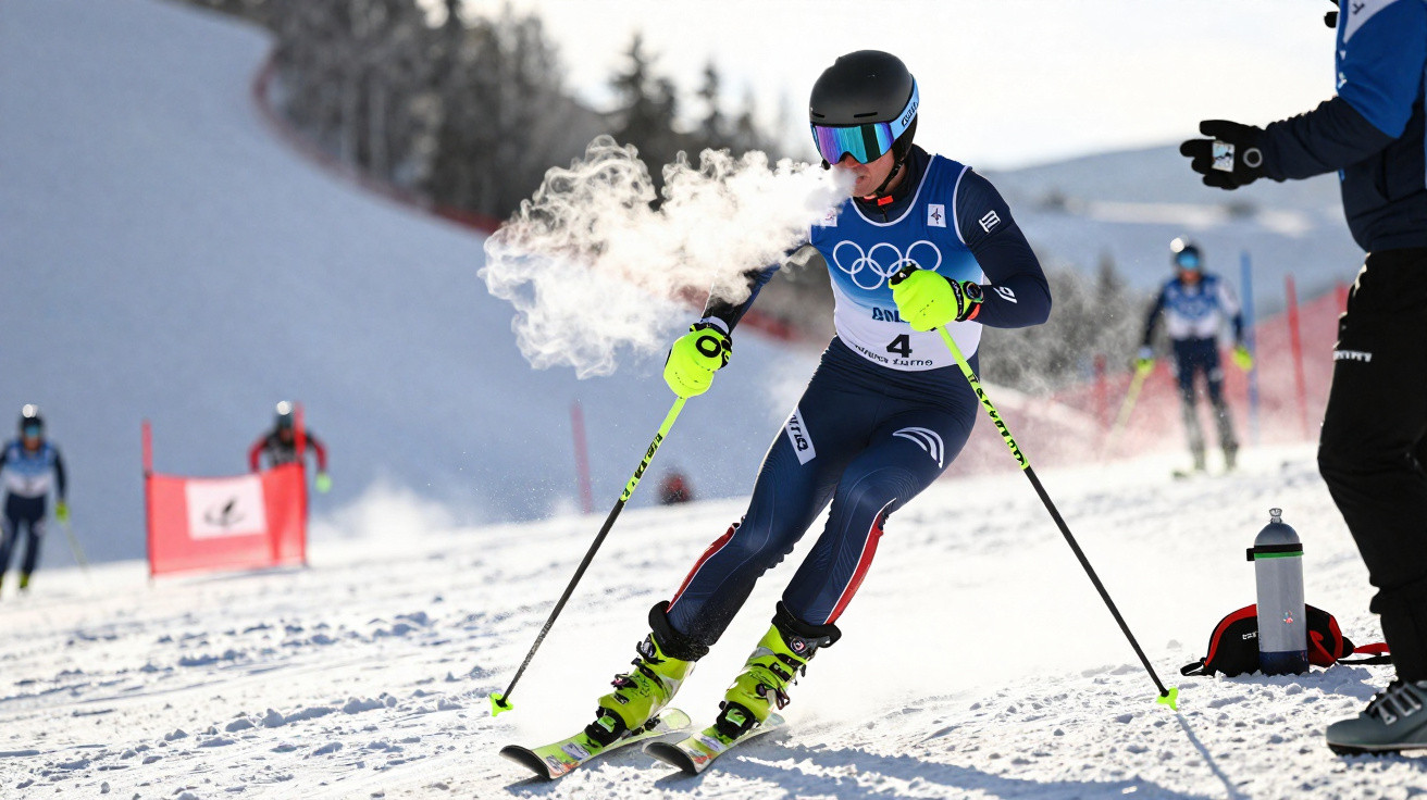 Skier in Olympic gear making a sharp turn on snowy slope with visible breath in cold air.