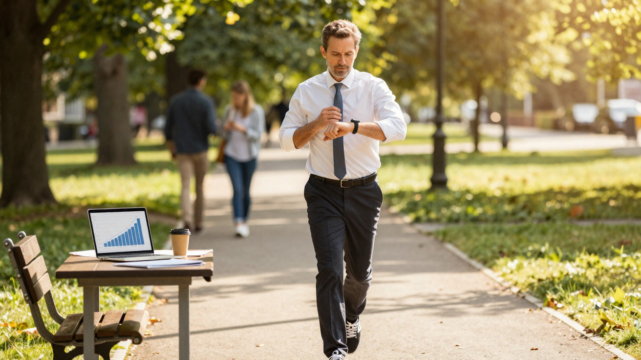 Man in business attire checking his watch while walking in park near table with laptop and coffee cup