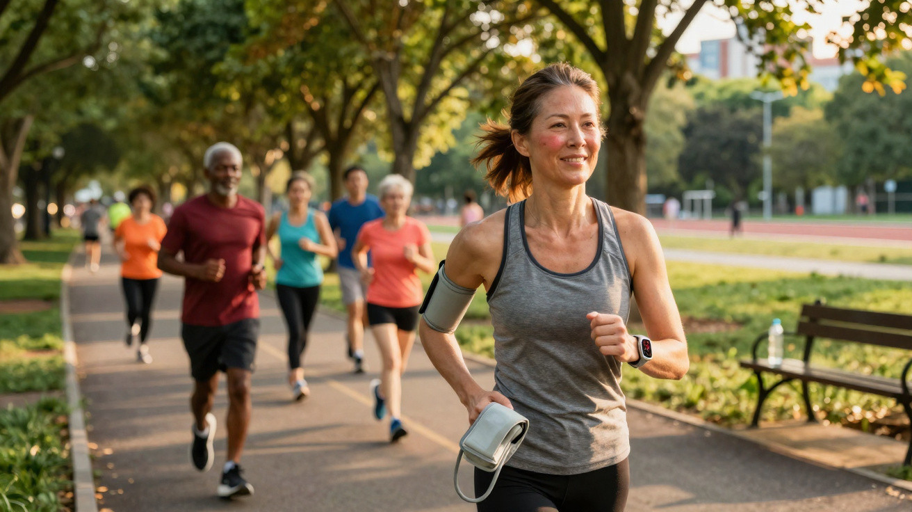 Group of diverse adults jogging together on a tree-lined park path in the evening light.