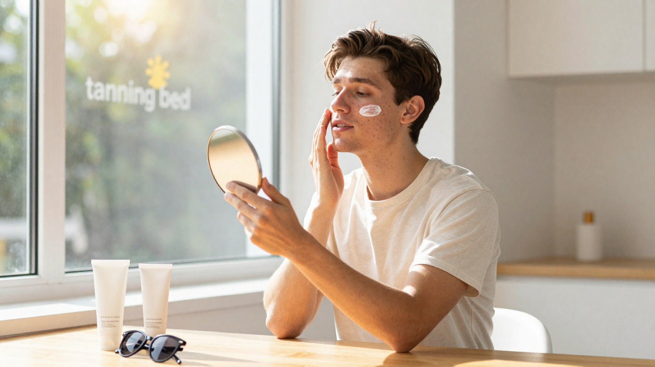 Young man applying sunscreen to face while looking in a handheld mirror at a wooden table by a window.