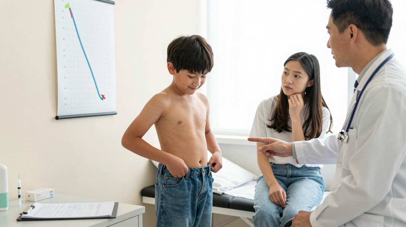 Doctor consulting a young boy and his mother in a bright medical clinic room.