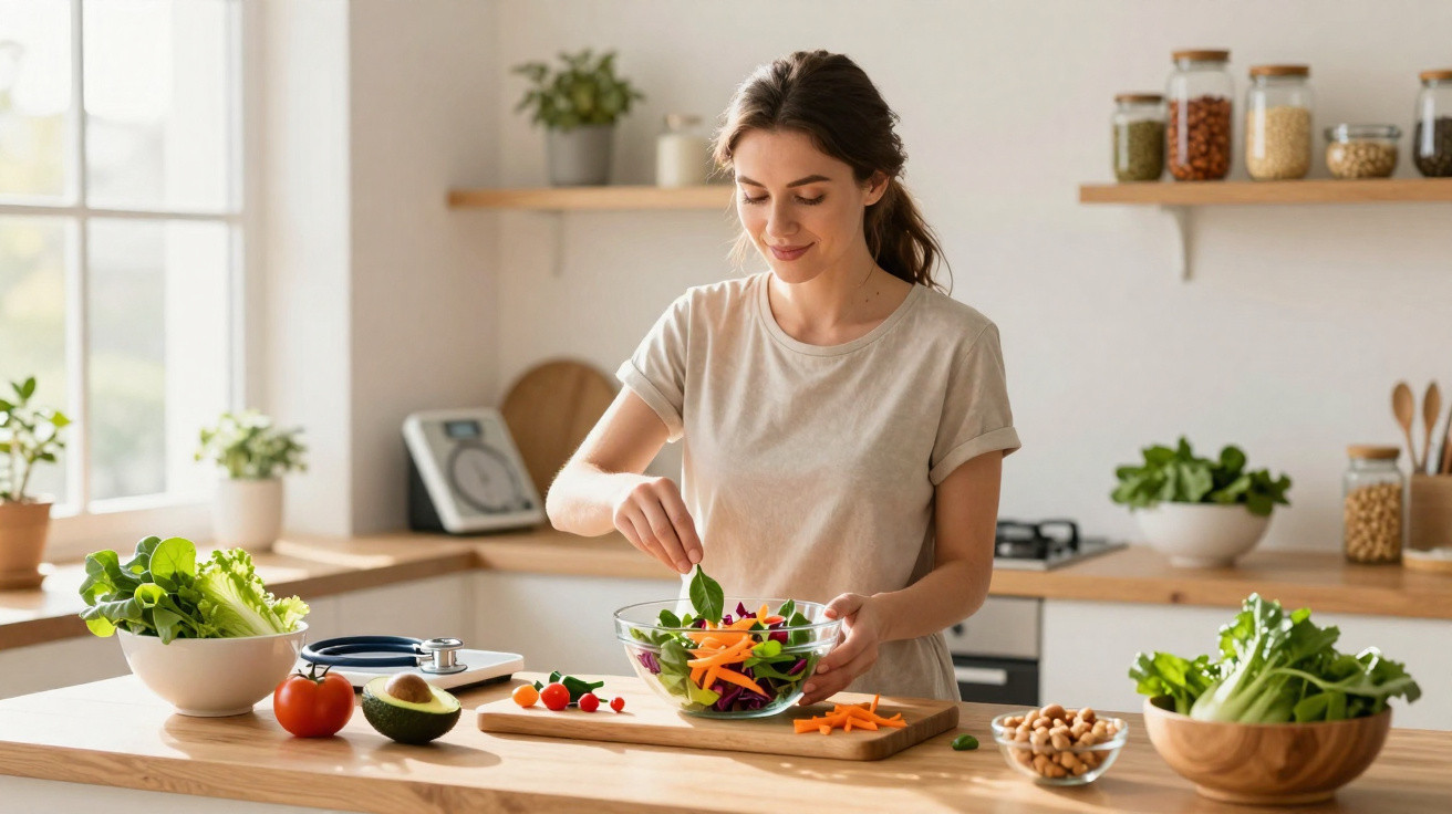 Young woman preparing a fresh vegetable salad in a bright, modern kitchen with natural light.