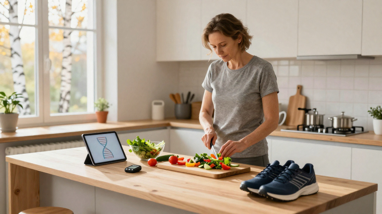 Woman preparing a healthy salad in a bright kitchen with a tablet and running shoes on the counter.