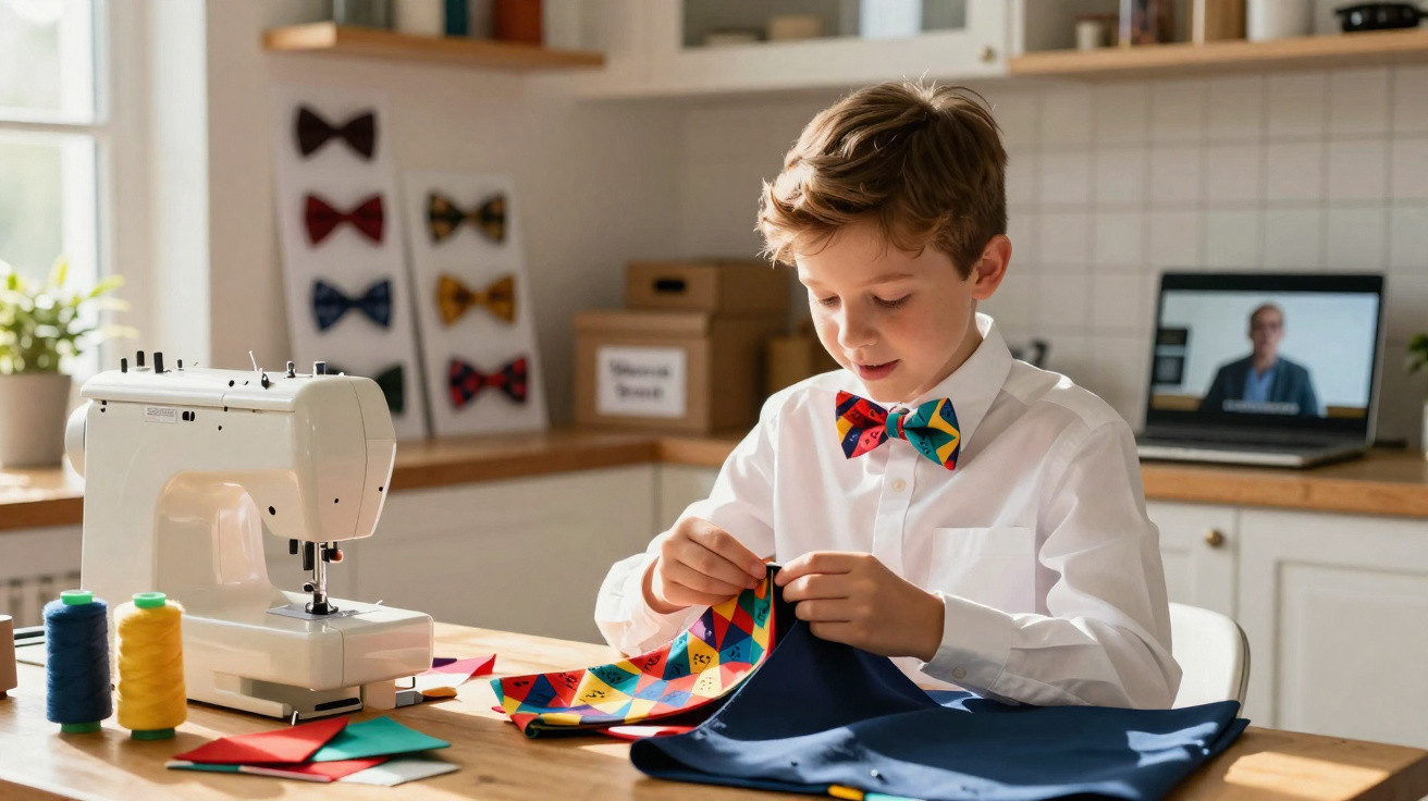 Young boy in a bow tie sewing colourful fabric at a table with a sewing machine and thread spools nearby.