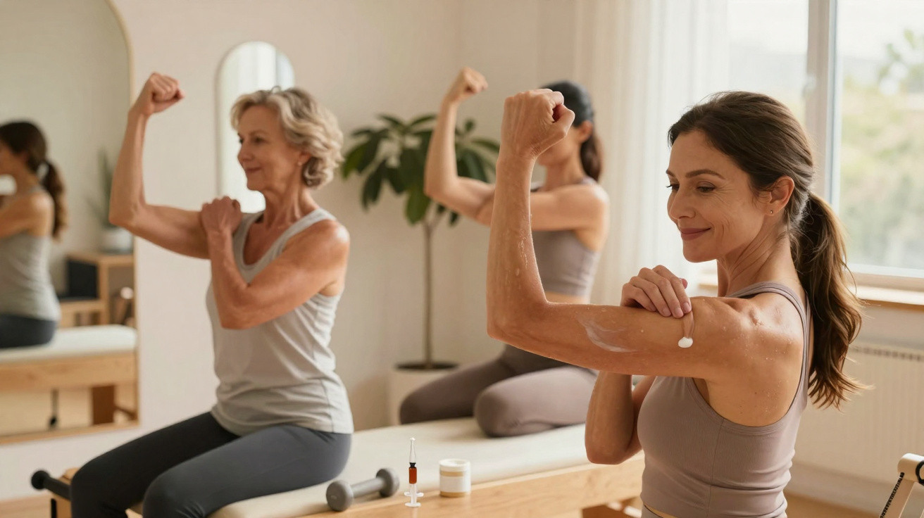 Three women applying cream to their arms in a bright room with exercise equipment.