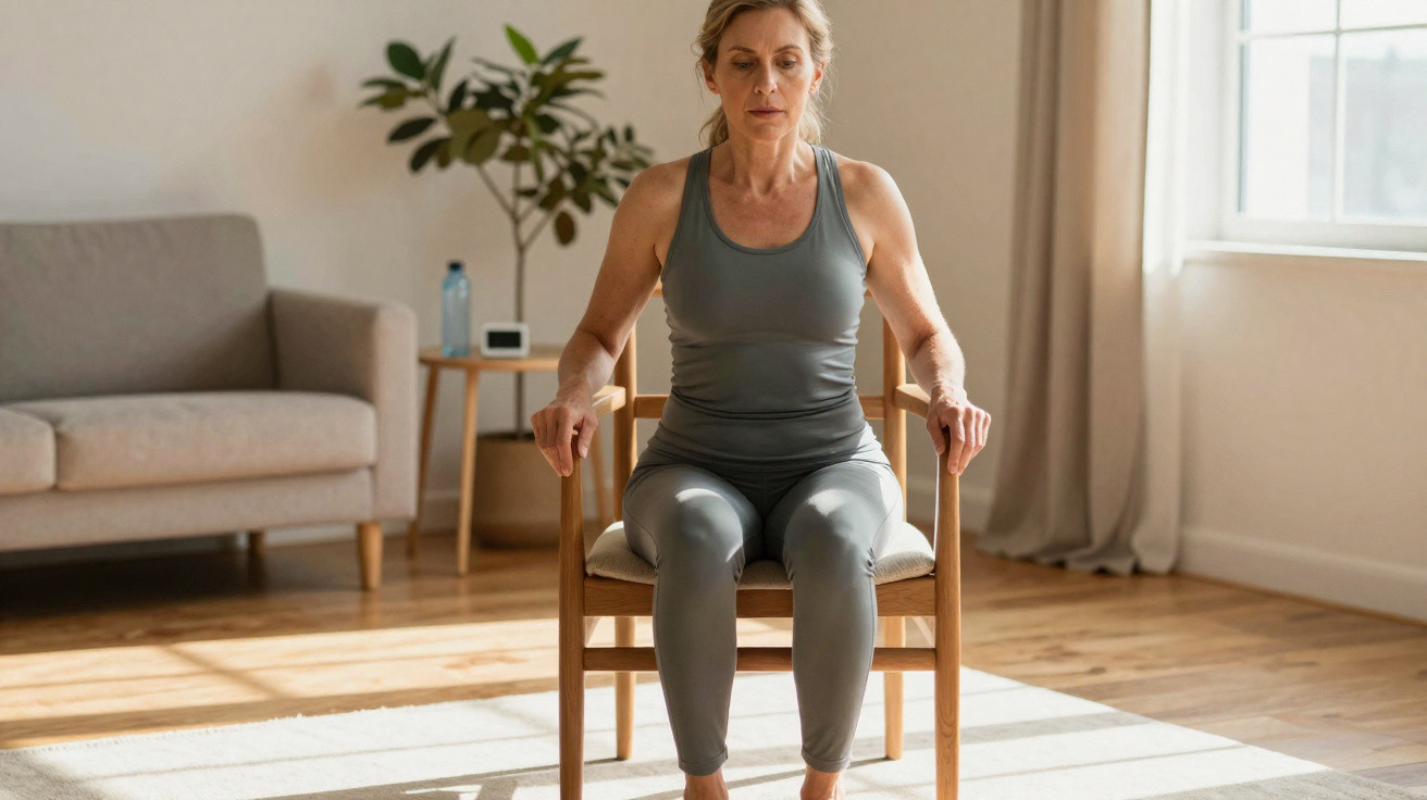 Middle-aged woman in grey activewear practising seated yoga in a bright, tidy living room.