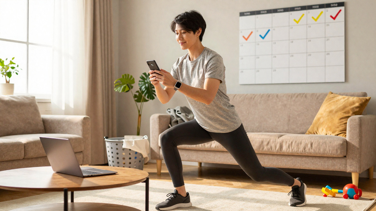 Person doing lunges indoors following a workout on a laptop in a living room.