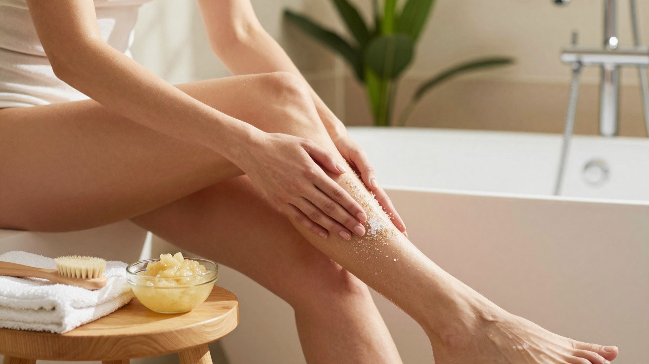 Person exfoliating leg with scrub near bathtub and spa accessories on wooden stool