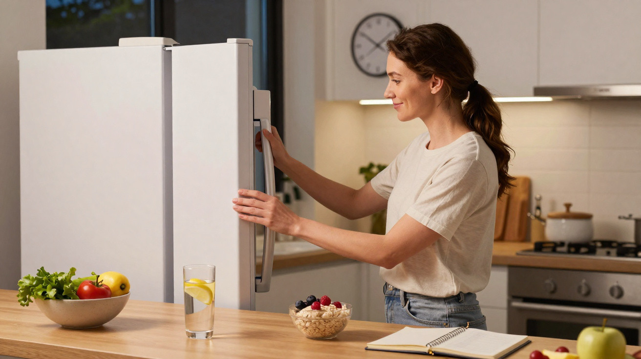 Woman opening refrigerator in modern kitchen with fruits, cereal bowl, glass of water and notebook on counter.